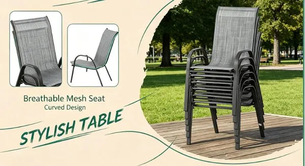 Gray 8-Piece Patio Furniture Set with 9ft Umbrella Outdoor Dining Table And 6 Chairs Tempered Glass Top Push Button Tilt And Crank Parasol