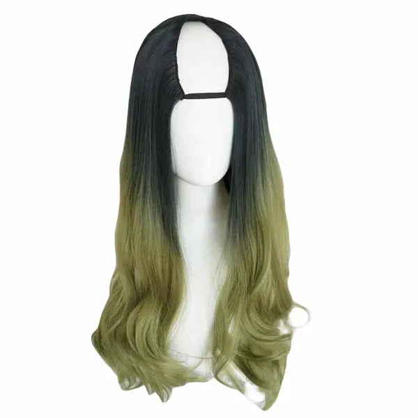 Green Black 65 cm U Shape 2 Tone Long Curly Wig Cosplay