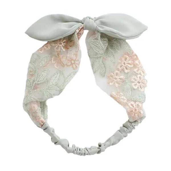 Green Sheer Lace Headband Embroidered Flower Bowknot