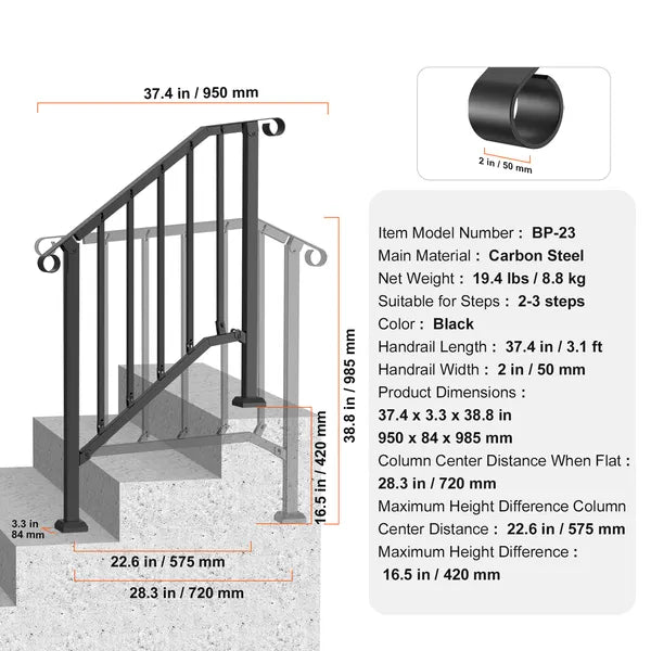 Handrails for Outdoor Steps, 2-3 Step Stair Hand Rail Kit, Transitional Carbon Steel Railings with Installation Kit, Stair Rails for Seniors, Concrete Steps & Porch & Deck, Black Retro Arch