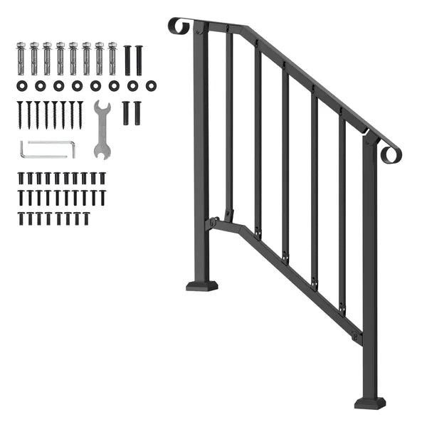 Handrails for Outdoor Steps, 2-3 Step Stair Hand Rail Kit, Transitional Carbon Steel Railings with Installation Kit, Stair Rails for Seniors, Concrete Steps & Porch & Deck, Black Retro Arch