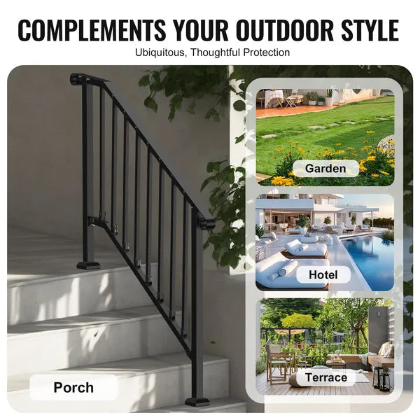 Handrails for Outdoor Steps, 3-4 Step Stair Hand Rail Kit, Transitional Iron Railings with Installation Kit, Stair Rails for Seniors, Concrete Steps & Porch & Deck, Black Retro Arch