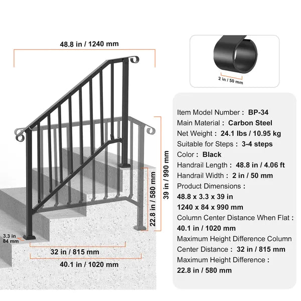 Handrails for Outdoor Steps, 3-4 Step Stair Hand Rail Kit, Transitional Iron Railings with Installation Kit, Stair Rails for Seniors, Concrete Steps & Porch & Deck, Black Retro Arch