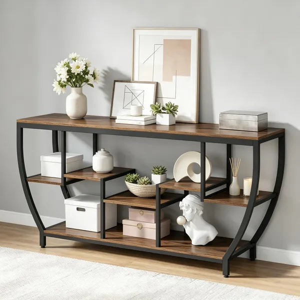 Industrial Console Table 70.9 Inch Entryway Sofa Table with Shelves for Hallway Living Room Rustic Metal Wood Sofa Table