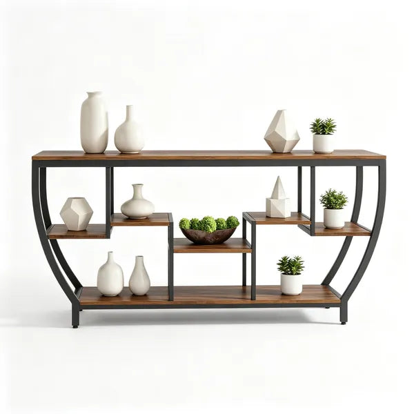 Industrial Console Table 70.9 Inch Entryway Sofa Table with Shelves for Hallway Living Room Rustic Metal Wood Sofa Table