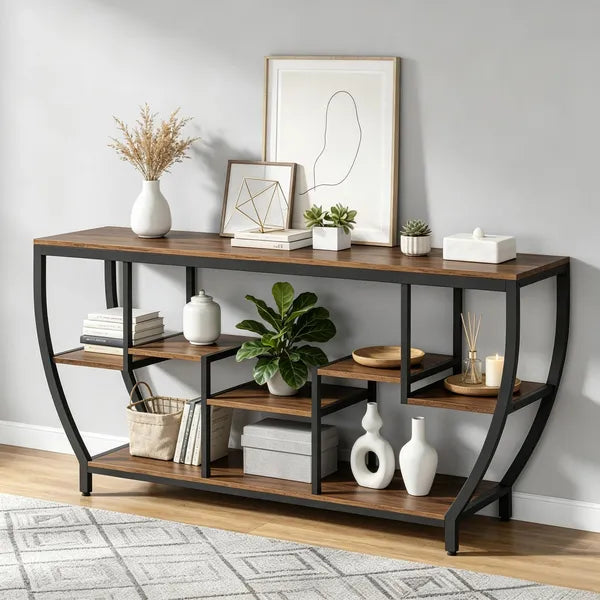 Industrial Console Table 70.9 Inch Entryway Sofa Table with Shelves for Hallway Living Room Rustic Metal Wood Sofa Table