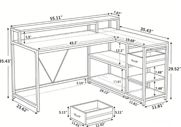 Industrial Reversible L-Shaped Desk with Drawer And Shelves Corner Computer Desk Workstation for Home Office
