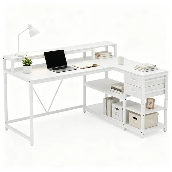 Industrial Reversible L-Shaped Desk with Drawer And Shelves Corner Computer Desk Workstation for Home Office