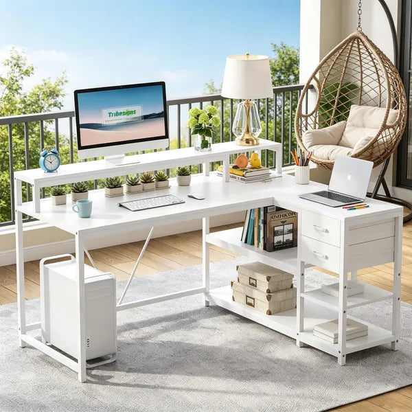 Industrial Reversible L-Shaped Desk with Drawer And Shelves Corner Computer Desk Workstation for Home Office