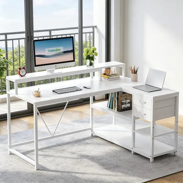 Industrial Reversible L-Shaped Desk with Drawer And Shelves Corner Computer Desk Workstation for Home Office