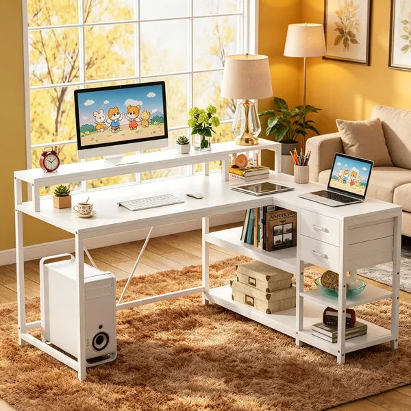 Industrial Reversible L-Shaped Desk with Drawer And Shelves Corner Computer Desk Workstation for Home Office