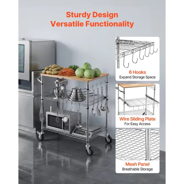 Kitchen Utility Cart, 3 Tier Heavy Duty Adjustable Wire Storage Rack with Wood Tabletop and Handle Bar, Rolling Portable Service Trolley on Wheels, 661 lbs Steel Work Table, 30x18x36 in