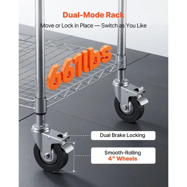 Kitchen Utility Cart, 3 Tier Heavy Duty Adjustable Wire Storage Rack with Wood Tabletop and Handle Bar, Rolling Portable Service Trolley on Wheels, 661 lbs Steel Work Table, 30x18x36 in