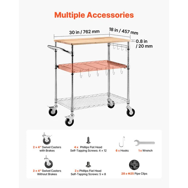 Kitchen Utility Cart, 3 Tier Heavy Duty Adjustable Wire Storage Rack with Wood Tabletop and Handle Bar, Rolling Portable Service Trolley on Wheels, 661 lbs Steel Work Table, 30x18x36 in