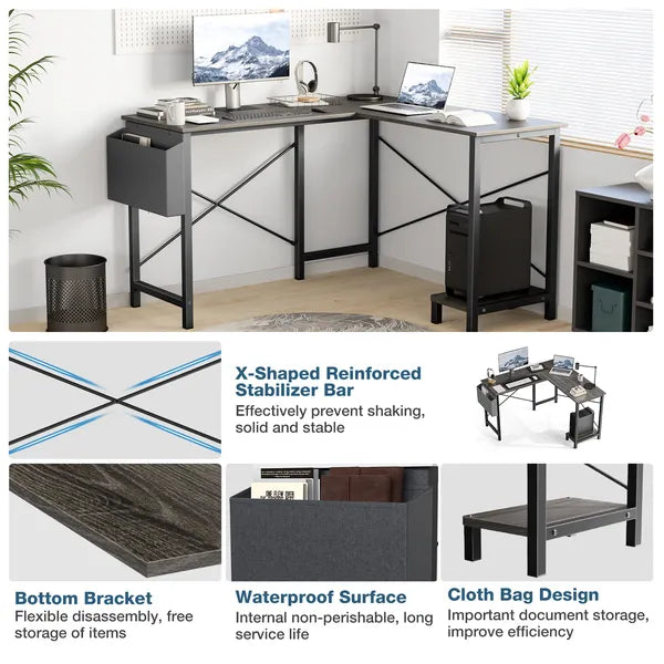 L Shaped Computer Desk - Gaming Corner 50 Inch Office Writing PC Wooden Table with CPU Storage Shelf & Side Bag