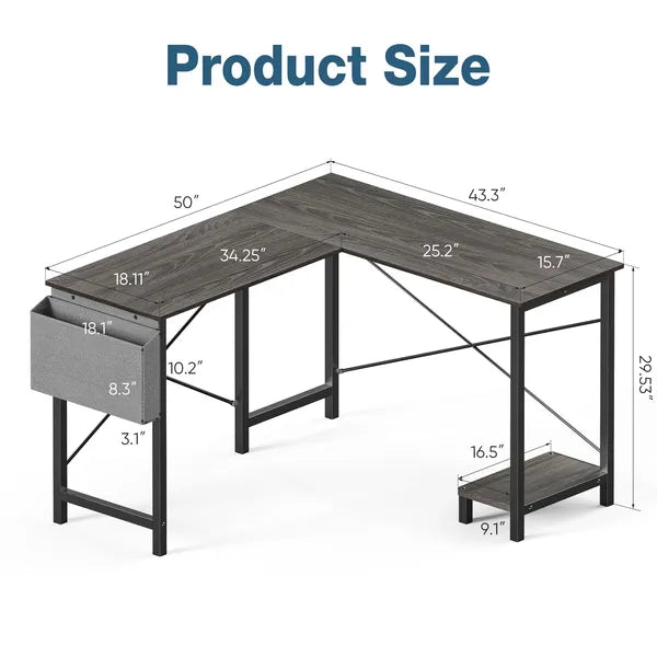 L Shaped Computer Desk - Gaming Corner 50 Inch Office Writing PC Wooden Table with CPU Storage Shelf & Side Bag