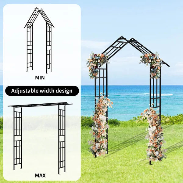 Metal Garden Arch with Adjustable Width W42.52''~W78.15'' Climbing Plants Support Rose Arch Outdoor Black