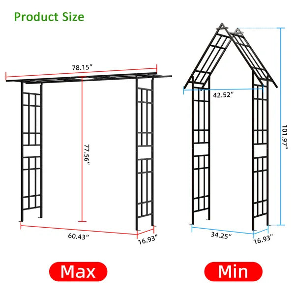 Metal Garden Arch with Adjustable Width W42.52''~W78.15'' Climbing Plants Support Rose Arch Outdoor Black