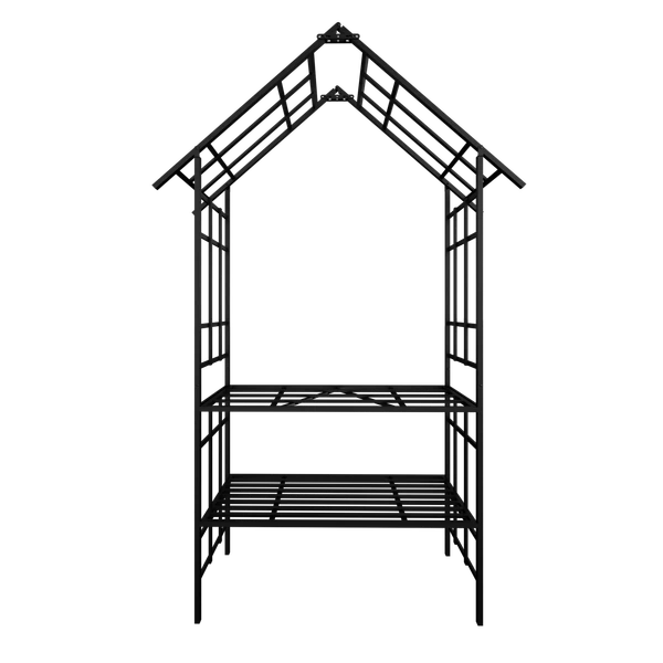 Metal Garden Arch with Bench Turned into Flower Stand W58.07*H97.24 Climbing Plants Support Rose Arch Outdoor Black