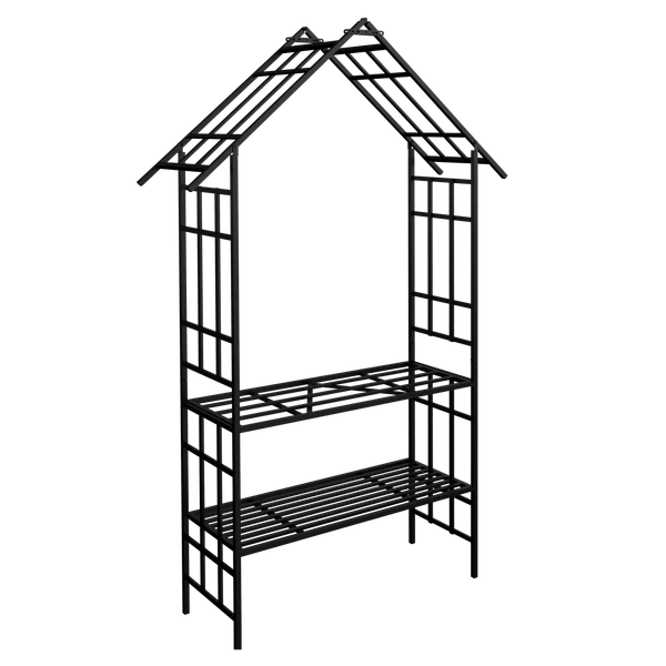 Metal Garden Arch with Bench Turned into Flower Stand W58.07*H97.24 Climbing Plants Support Rose Arch Outdoor Black