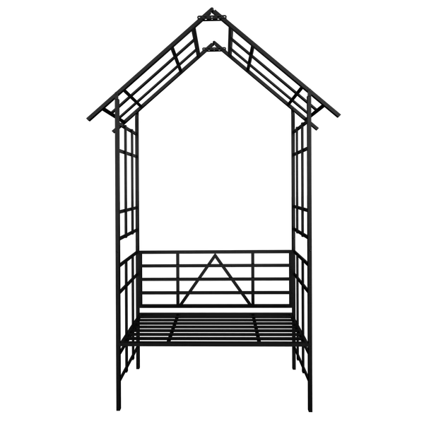 Metal Garden Arch with Bench Turned into Flower Stand W58.07*H97.24 Climbing Plants Support Rose Arch Outdoor Black