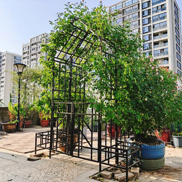 Metal Garden Arch with Gate with planter W80.71*H97.24 Climbing Plants Support Rose Arch Outdoor Black