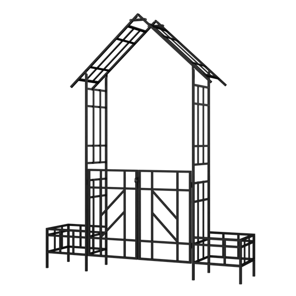 Metal Garden Arch with Gate with planter W80.71*H97.24 Climbing Plants Support Rose Arch Outdoor Black