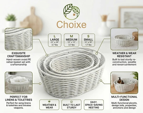 Multi-Purpose Nesting Basket 3-Piece Set – Hand-Woven PE Rattan Decorative Home Storage Baskets for Organizing Linens, Toys & Pantry Items, Durable Wicker Style Built to Last