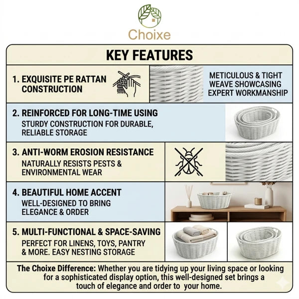 Multi-Purpose Nesting Basket 3-Piece Set – Hand-Woven PE Rattan Decorative Home Storage Baskets for Organizing Linens, Toys & Pantry Items, Durable Wicker Style Built to Last