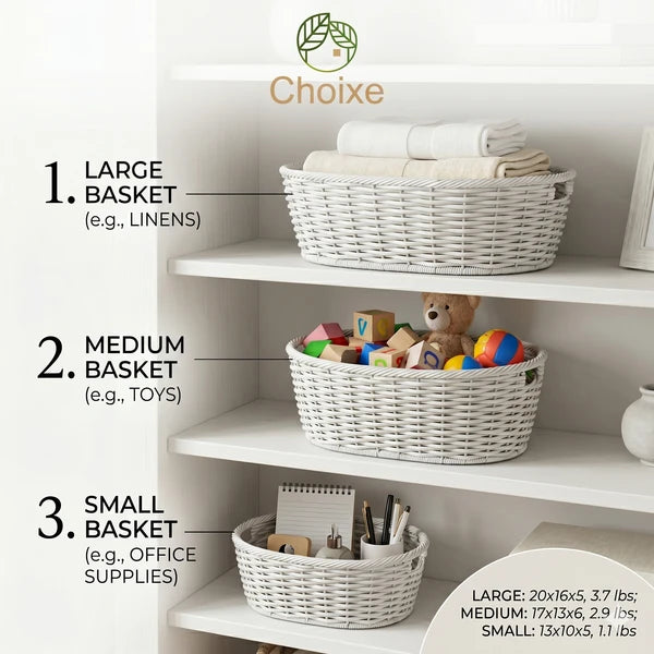 Multi-Purpose Nesting Basket 3-Piece Set – Hand-Woven PE Rattan Decorative Home Storage Baskets for Organizing Linens, Toys & Pantry Items, Durable Wicker Style Built to Last