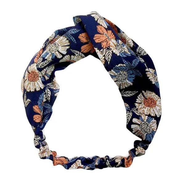 Navy Blue Flower Nylon Head Wrap Headband Vintage Elastic