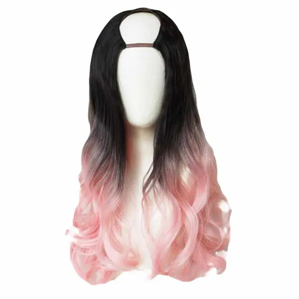 Pink Black 65 cm U Shape 2 Tone Long Curly Wig