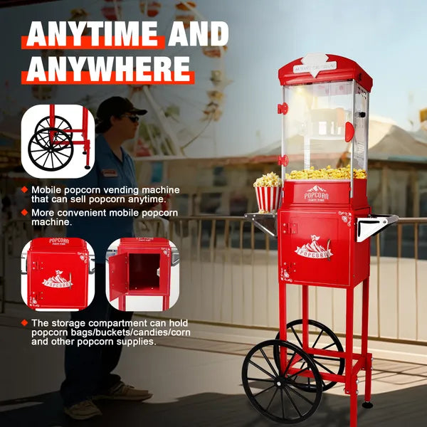 Popcorn Machine with Cart ,Wheels & 10 Oz Kettle Popcorn Maker Measuring 3 plastic spoon Home Theater Popcorn Machine-Red