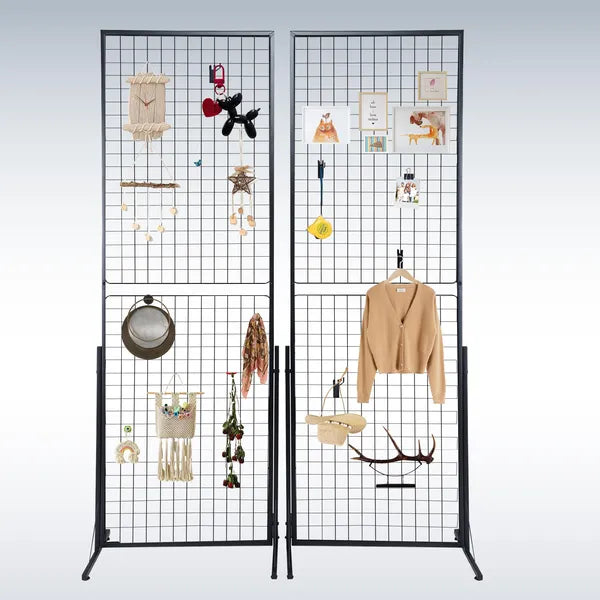 Professional Gridwall Display 2-Pack 24"x67" Double-Sided Retail Grid Wall Panels with Sturdy T-Base & 20 Display Hooks/Clips for Boutique, Craft Fair & Trade Show