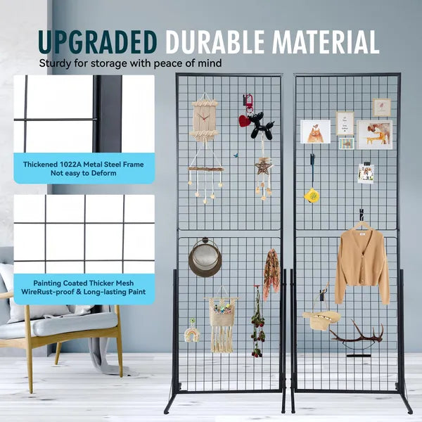 Professional Gridwall Display 2-Pack 24"x67" Double-Sided Retail Grid Wall Panels with Sturdy T-Base & 20 Display Hooks/Clips for Boutique, Craft Fair & Trade Show