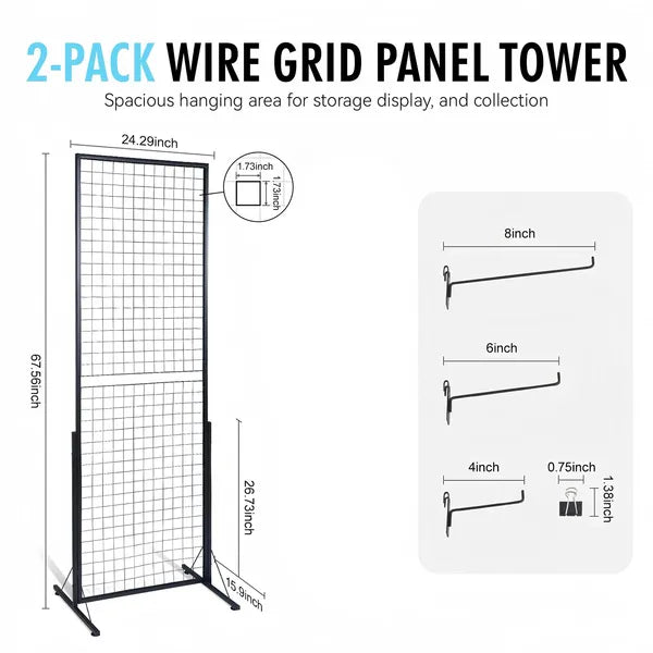 Professional Gridwall Display 2-Pack 24"x67" Double-Sided Retail Grid Wall Panels with Sturdy T-Base & 20 Display Hooks/Clips for Boutique, Craft Fair & Trade Show