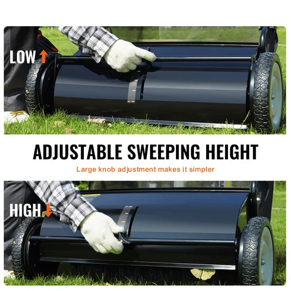 Push Lawn Sweeper, 26-inch Leaf & Grass Collector, Strong Rubber Wheels & Heavy Duty Thickened Steel, Durable to Use with Large Capacity 7 cu. ft. Mesh Collection Hopper Bag, 4 Spinning Brushes