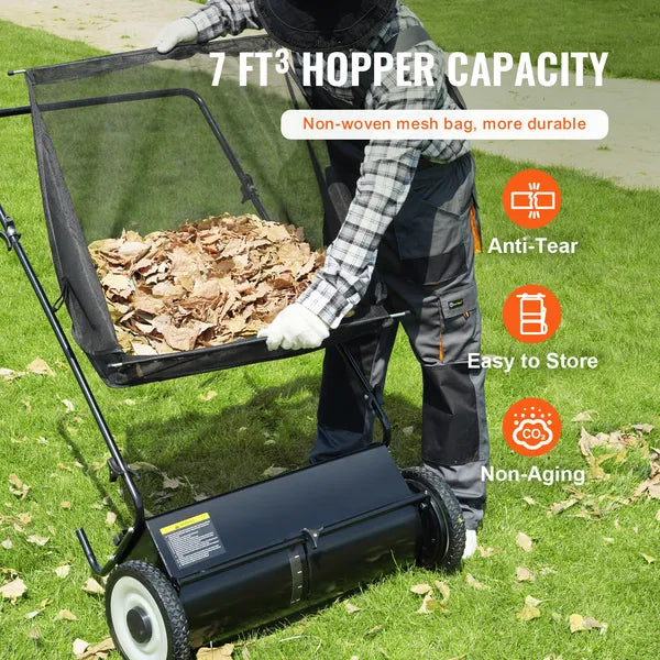 Push Lawn Sweeper, 26-inch Leaf & Grass Collector, Strong Rubber Wheels & Heavy Duty Thickened Steel, Durable to Use with Large Capacity 7 cu. ft. Mesh Collection Hopper Bag, 4 Spinning Brushes