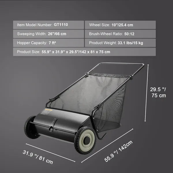 Push Lawn Sweeper, 26-inch Leaf & Grass Collector, Strong Rubber Wheels & Heavy Duty Thickened Steel, Durable to Use with Large Capacity 7 cu. ft. Mesh Collection Hopper Bag, 4 Spinning Brushes