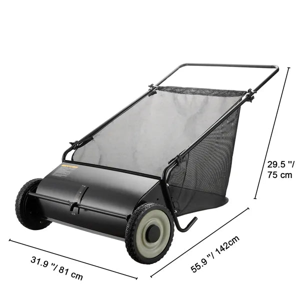 Push Lawn Sweeper, 26-inch Leaf & Grass Collector, Strong Rubber Wheels & Heavy Duty Thickened Steel, Durable to Use with Large Capacity 7 cu. ft. Mesh Collection Hopper Bag, 4 Spinning Brushes
