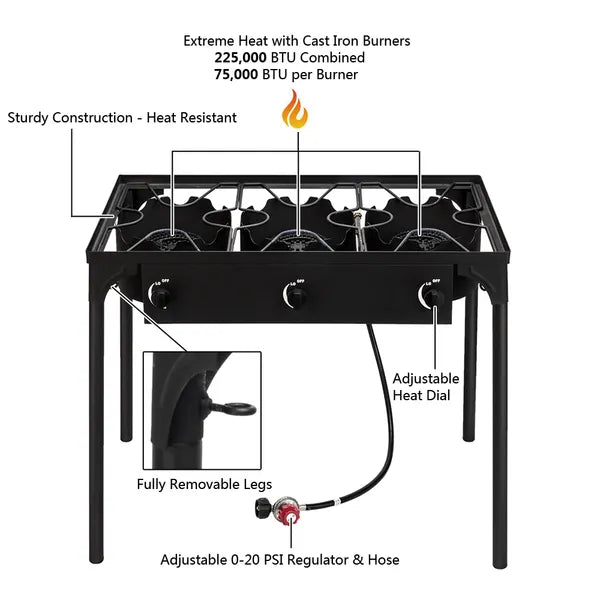 Replace 15455210Outdoor Camp Stove High Pressure Propane Gas Cooker Portable Cast Iron Patio Cooking Burner (Three Burner 225000-BTU)