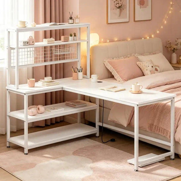 Reversible L-Shaped Desk 55 Inch Computer Desk with Wireless Charging And Shelves Home Office Desk with Storage