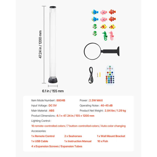 Sensory Bubble Tube Lamp, 4 ft Bubble Fish Tube, Sensory Aquarium Lamp with 10 Floating Fish & 16 Color Effects, Remote Control, Stress Relief Calming Light for Bedroom Living Room Home Decor