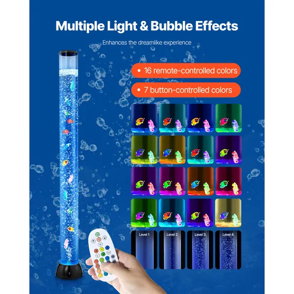 Sensory Bubble Tube Lamp, 4 ft Bubble Fish Tube, Sensory Aquarium Lamp with 10 Floating Fish & 16 Color Effects, Remote Control, Stress Relief Calming Light for Bedroom Living Room Home Decor