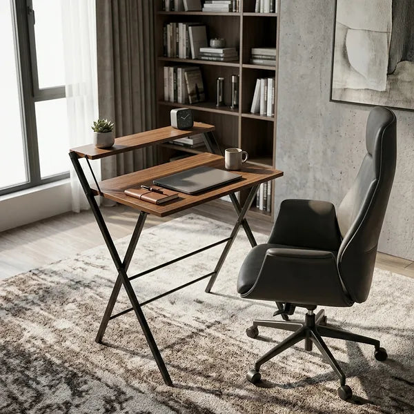 Small Folding Desk with Shelf, No-Assembly Foldable Computer Table for Tight Spaces, Portable Writing Desk for Office Dorm Apartment, Space Saving And Sturdy Metal Frame