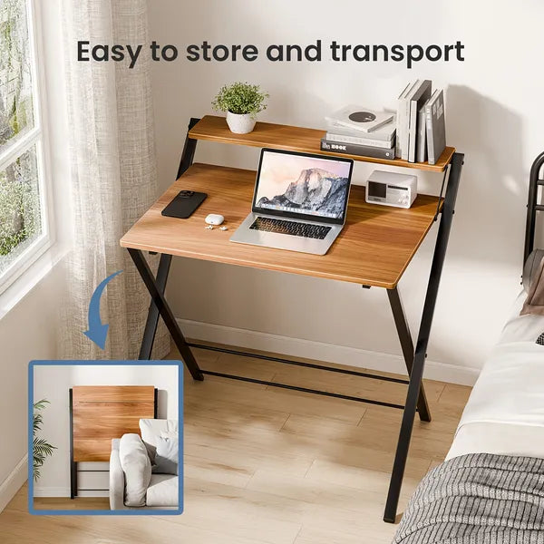 Small Folding Desk with Shelf, No-Assembly Foldable Computer Table for Tight Spaces, Portable Writing Desk for Office Dorm Apartment, Space Saving And Sturdy Metal Frame