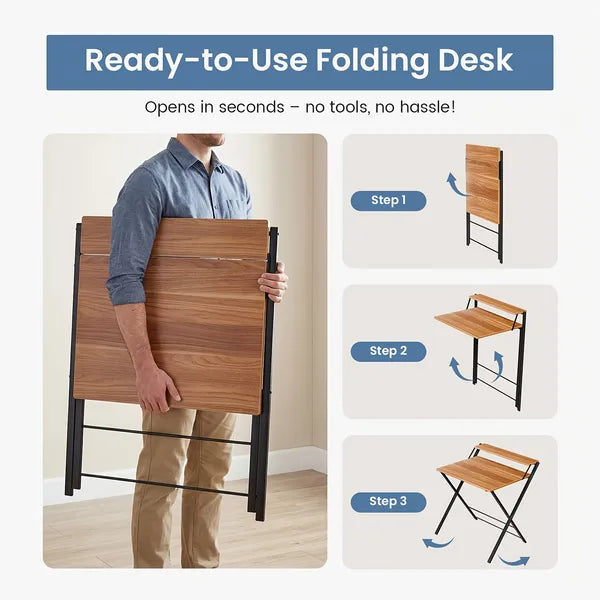 Small Folding Desk with Shelf, No-Assembly Foldable Computer Table for Tight Spaces, Portable Writing Desk for Office Dorm Apartment, Space Saving And Sturdy Metal Frame