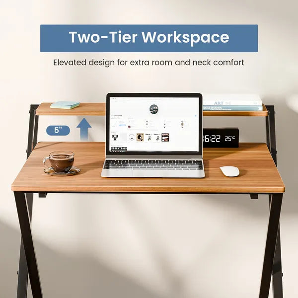 Small Folding Desk with Shelf, No-Assembly Foldable Computer Table for Tight Spaces, Portable Writing Desk for Office Dorm Apartment, Space Saving And Sturdy Metal Frame