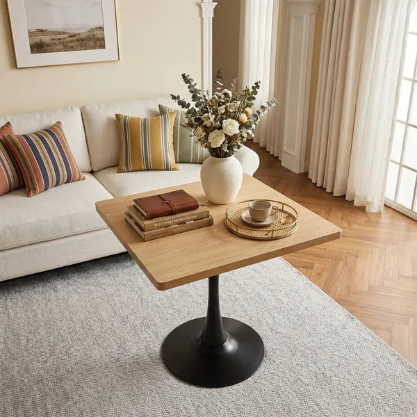 Square Dining Table, 27.6" Tulip Table with Thickened Edge Decor Tabletop & Metal Pedestal, Mid Century Modern Bistro Table for Kitchen, Small Places, Living Room, Cafe ( Natural Color)
