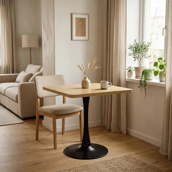 Square Dining Table, 27.6" Tulip Table with Thickened Edge Decor Tabletop & Metal Pedestal, Mid Century Modern Bistro Table for Kitchen, Small Places, Living Room, Cafe ( Natural Color)